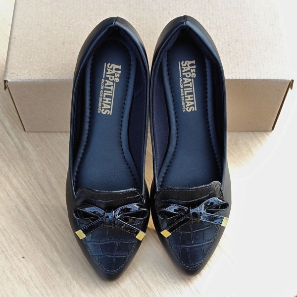Sapatilha feminina mocassim preta croco laço - Image 4