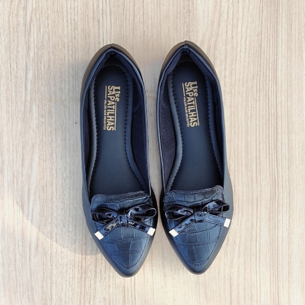 Sapatilha feminina mocassim preta croco laço