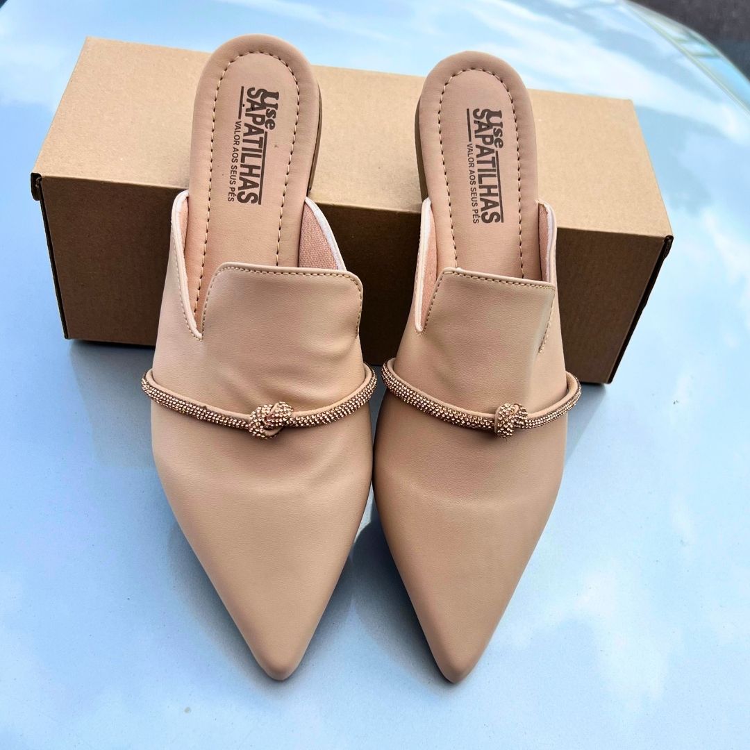 Mule nude bico fino alongado strass rosê - Imagem 3